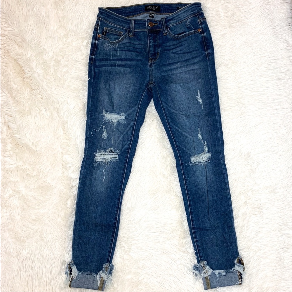Like New! Judy Blue Distressed Cuff Skinny Jeans